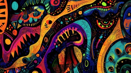 A vibrant abstract design featuring swirling patterns and bold colors. 