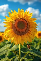 The Beautiful Sunflower is Blooming Vibrantly Under the Bright Blue Sky, Together with a Busy Bee