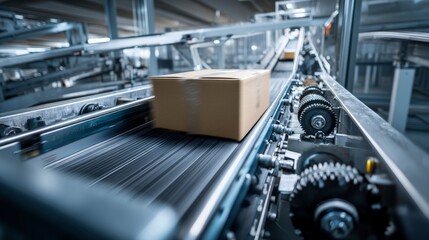 A cardboard box moves along a conveyor belt in a modern warehouse. The setting is industrial, with machinery and equipment visible in the background.