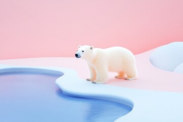 A polar bear stands on a snowy landscape near a blue pool of water. 