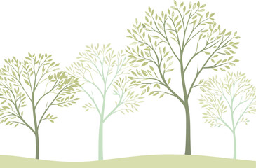 Minimalist illustration of four green trees with leaves and a subtle landscape design