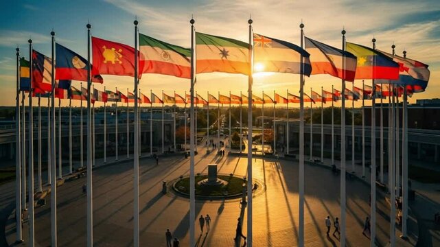 world flags waving with sunset background
