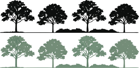 Silhouettes of eight trees in various styles and colors for nature and ecology concepts