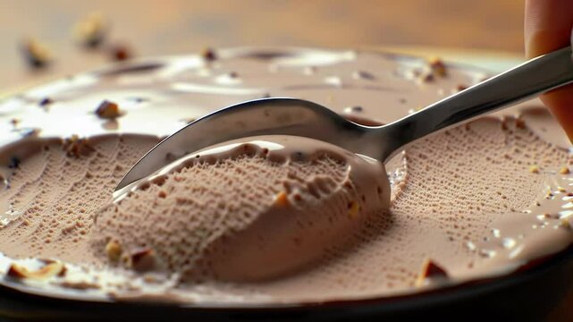 Slow motion closeup hazelnut praline ice cream scooping with spoon