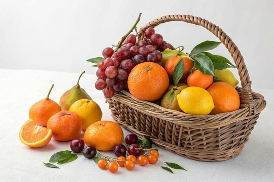Um delicioso cesto de frutas frescas laranjas toranjas lim&otilde;es e uvas on white background
