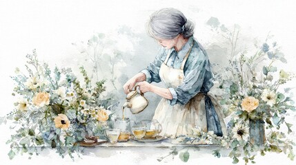 Fototapeta premium Woman in blue dress creates art, colorful watercolor pouring scene