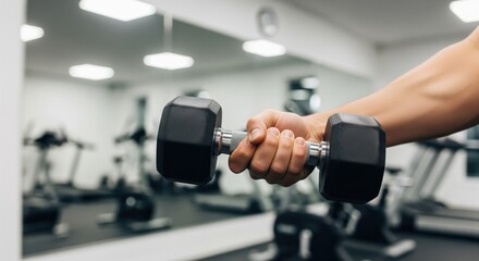 A person's arm and hand grip a dumbbell in a gym, with blurred fitness equipment in the background, symbolizing strength and exercise.