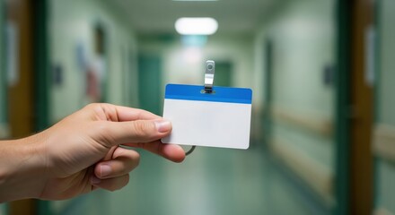 A hand holds a blank ID badge with a blue stripe in a blurred hospital hallway, signifying medical staff or access.