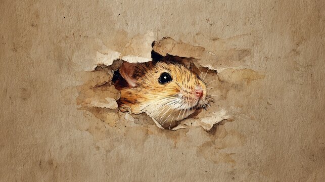 Curious mouse peeking through hole in textured wall, closeup view curious