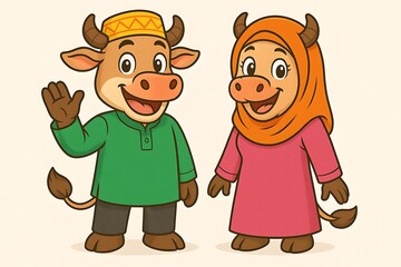 Adorable Cartoon Cow Couple in Traditional Clothing Eid al-Adha Illustration