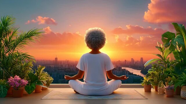 A serene individual meditating at sunset overlooking the city.