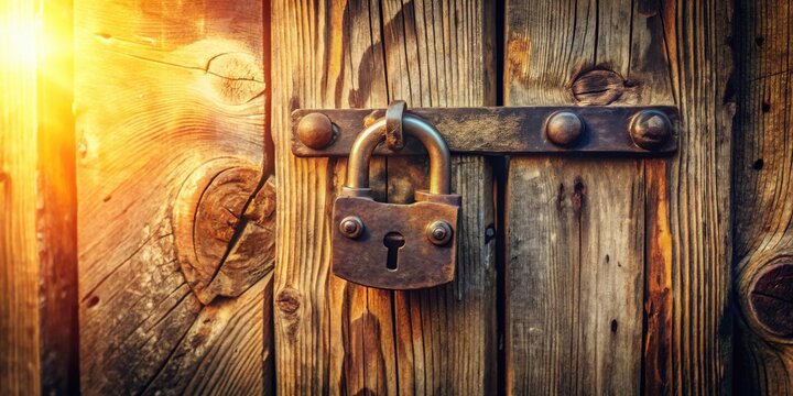 Rustic Padlock Securing Weathered Wooden Door in Warm Golden Sunlight