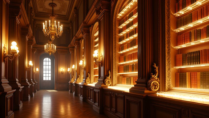 Fototapeta premium Grand Opulent Library Interior with Golden Lighting and Intricate Details