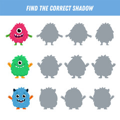 Find correct shadow of cute monsters. Educational logical game for kids. Halloween game. Cartoon monsters. Vector