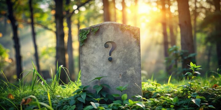 A mysterious headstone with a question mark, nestled amongst lush greenery in a sun-dappled forest setting.