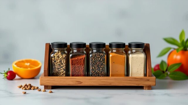 Five spice jars in a wooden rack, surrounded by fresh fruits and nuts on a kitchen countertop.