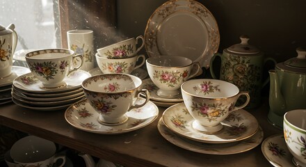 Fototapeta premium Elegant Vintage Teacup and Saucer Set Antique China Collection