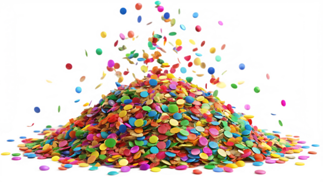 Colorful confetti pile falling isolated on white background