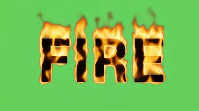 Loopable &ldquo;FIRE&rdquo; Word Burning at Center on Bright Green Screen &ndash; Text Flame Animation