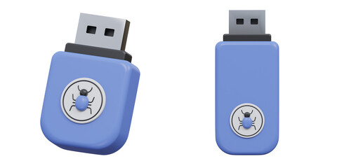 3d infected usb flash drive icon with virus symbol