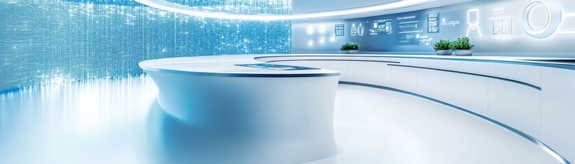 Futuristic office interior with sleek design and digital displays.