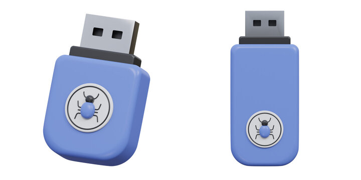 3d infected usb flash drive icon with virus symbol