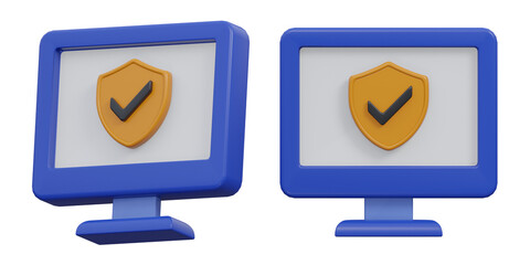 3d secure computer icon with protection shield on monitor screen
