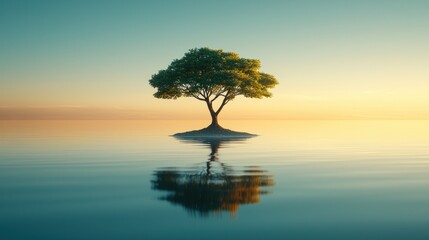 Obraz premium Serene sunset illuminates a solitary tree on a small island, perfectly mirrored in calm water