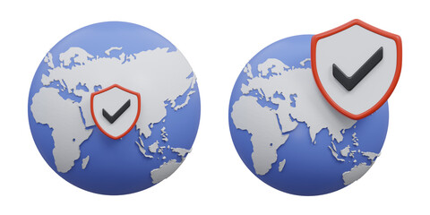 3d global security icon with earth globe and protection shield