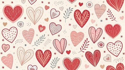 Hand drawn heart shape holiday background with abstract hearts. Seamless light pattern