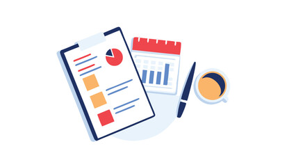 Illustration of a clipboard with a pie chart, a calendar, a pen, and a cup of coffee on a white surface