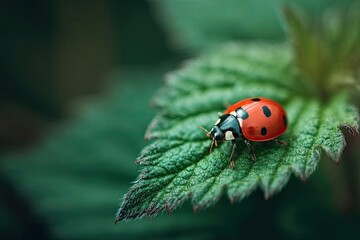 Obraz premium Macro photograph of a ladybug on a green leaf, shallow depth of field, natural lighting