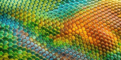 Vibrant Reptile Skin Texture Close-up of Scaled Surface with Iridescent Green, Teal, and Gold Hues