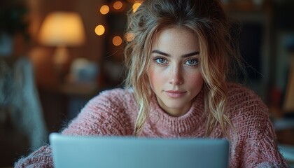 A Focused Woman Working on Her Laptop in a Comfortable and Cozy Atmosphere at Home