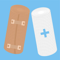 Two rolled bandages: brown and white,
elastic bandage and white gauze roll,
used for wounds and first aid,
doctor care, flat design style.