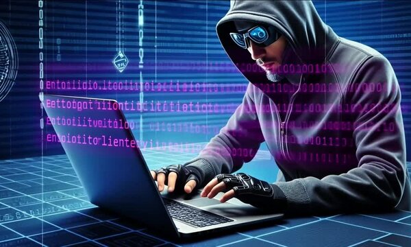 Hacker Intently Typing in Neon-Lit Cyberpunk World