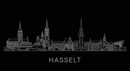 Fototapeta premium Hasselt Belgium Skyline Outline White line on Black.
