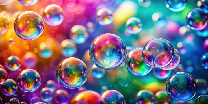 An array of iridescent soap bubbles floats in a vibrant, colorful background, reflecting light and showcasing their translucent beauty