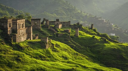 Temple ruins cascade along a grassy hillside, revealing a sacred echo of the past.