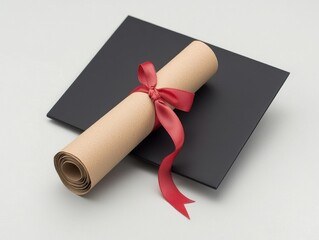 A rolled diploma tied with red ribbon lies on a black graduation cap, symbolizing academic achievement