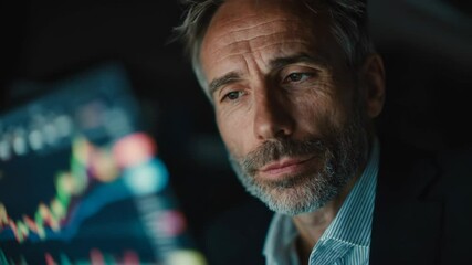 Male businessman looking at financial graph on tablet display. Stock market analysis with data visualization for investment strategy. Footage. - Powered by Adobe