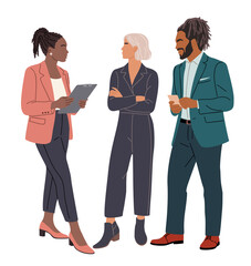 Fototapeta premium Different business team members standing, talking, communicating, taking part in business activities, casual meeting, brainstorming. Multiracial people vector illustration isolated.