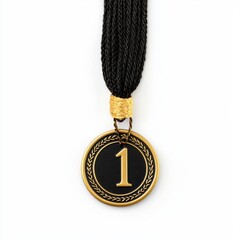 Close up view of a gold medal with a black ribbon, showing the number "1". The medal represents achievement