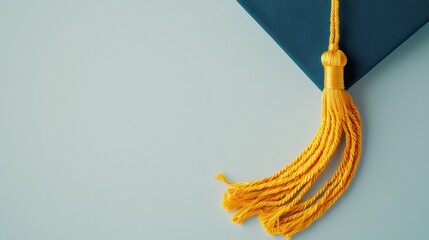Graduation cap with tassel resting in the corner. The image shows the details of the graduation cap with a beautiful texture. The yellow tassel hangs gracefully from the blue cap.