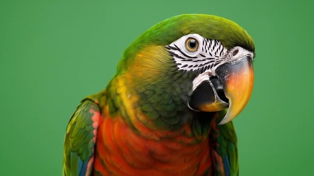 Closeup colorful parrot against green background