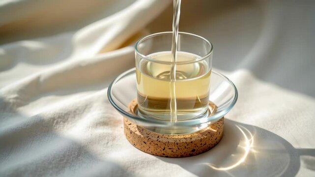 A clear glass cup filled with light-colored tea sits on a cork coaster, bathed in warm natural sunlight.