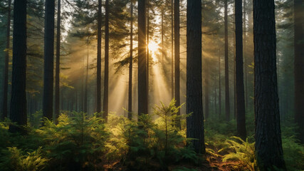 Obraz premium Golden Dawn in a Serene Pine Forest with Morning Mist