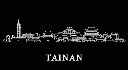 Obraz premium Tainan with Taiwan, Skyline, Landmark, City, and Line Art.