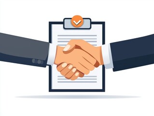 Business deal illustration with handshake in front of clipboard, isolated on white background