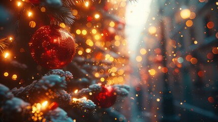 A Beautiful Christmas Tree Decorated with Snow and Twinkling Lights, Radiating Holiday Joy